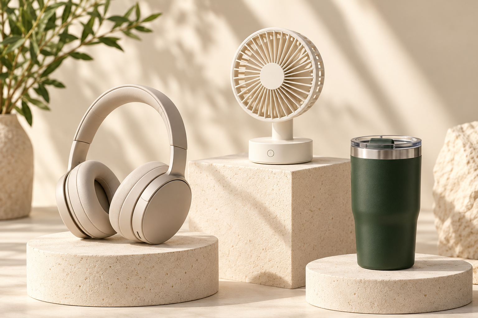 Visual konsep headphone, kipas meja dan tumbler di studio